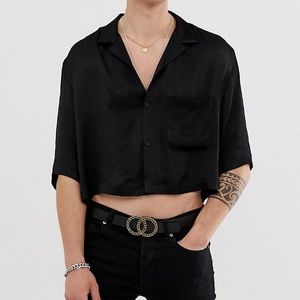 ASOS DESIGN boxy fit satin shirt in black with double
pockets & revere collar